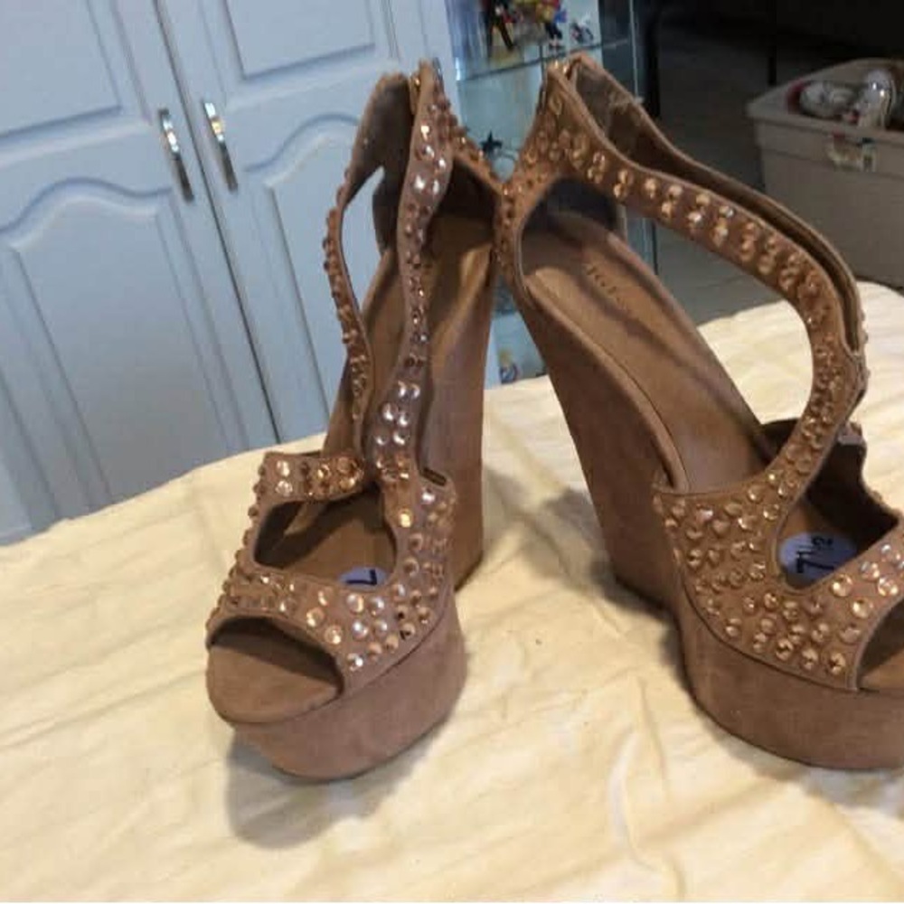 Studded Nude Platform Wedge Sandals - Women